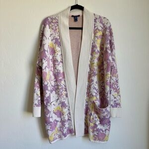 Isaac Mizrahi Live Purple Yellow Spring Floral Tight Knit Long Line Cardigan 1X
